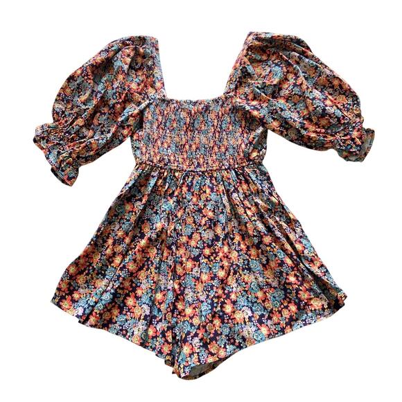 Free People Show Me Love Linen Blend Floral Romper Puff Sleeve Pockets Medium - Picture 5 of 13